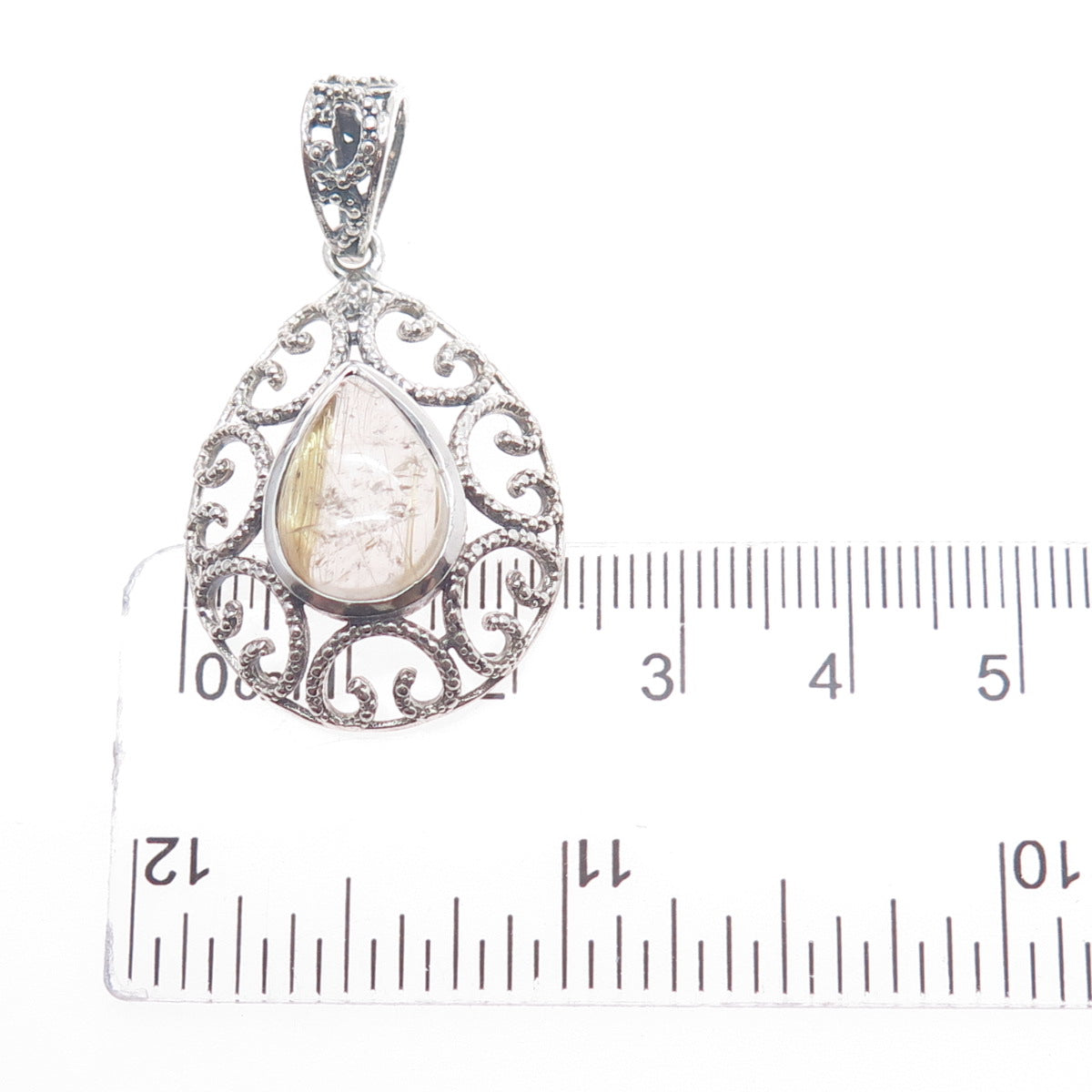 925 Sterling Silver Vintage Real Rutilated Quartz Ornate Teardrop Charm Pendant