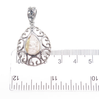 925 Sterling Silver Vintage Real Rutilated Quartz Ornate Teardrop Charm Pendant