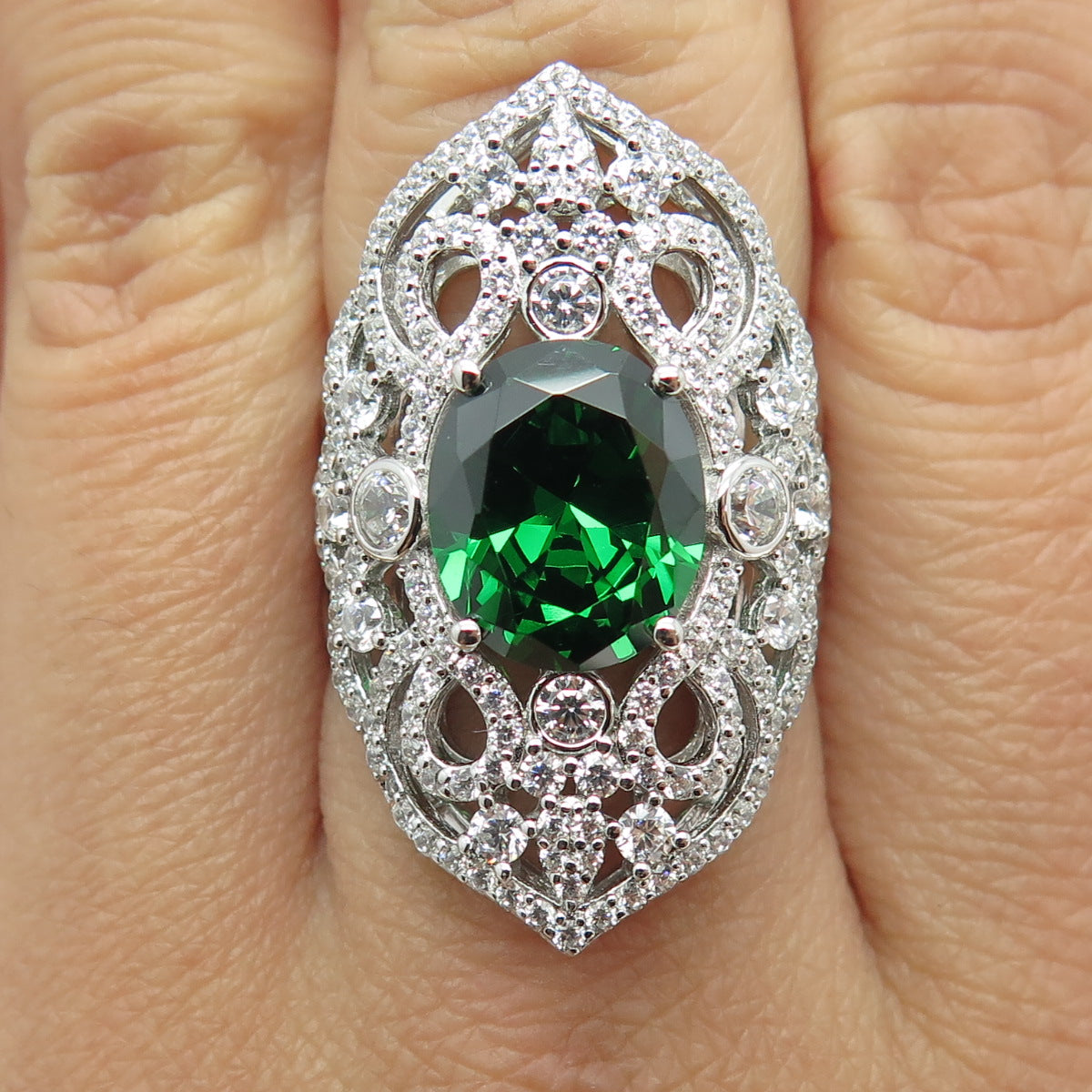 925 Sterling Silver Nano Emerald & Round-Cut C Z Ring Size 8