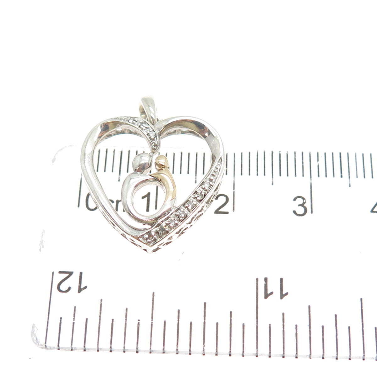 10K Rose Gold 925 Sterling Silver Real Diamond Mom & Child Heart Mini Pendant