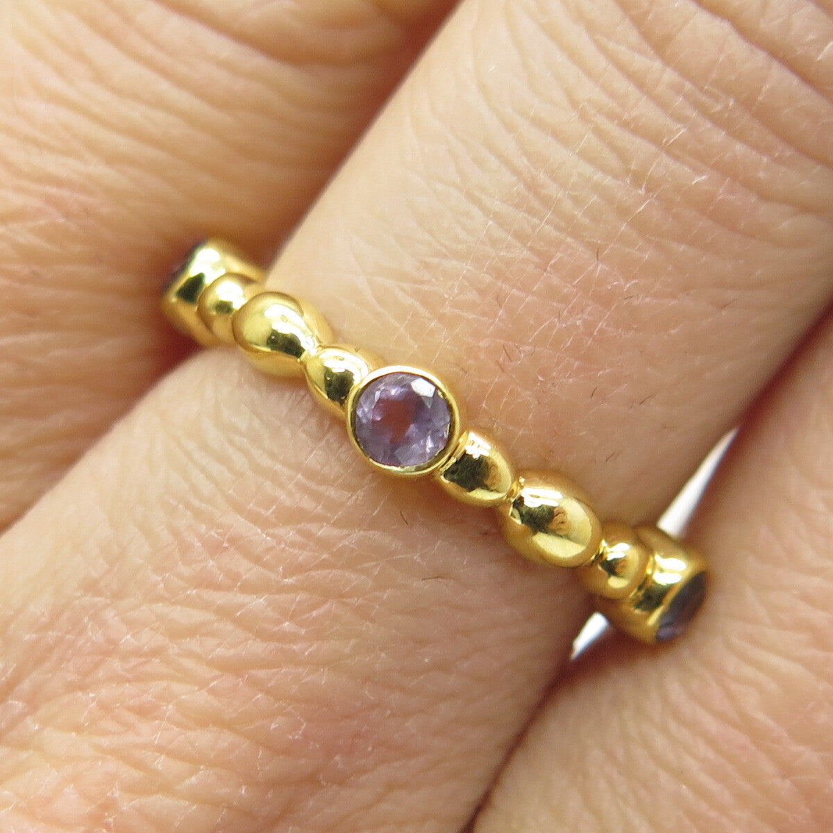 925 Sterling Silver Gold Plated Real Amethyst Beaded Band Ring Size 6.75