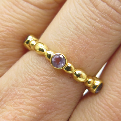 925 Sterling Silver Gold Plated Real Amethyst Beaded Band Ring Size 6.75
