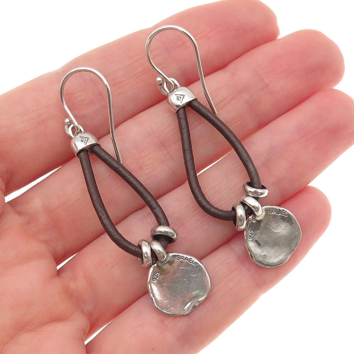 Silpada 925 Sterling Silver Vintage Brown Leather Prairie Girl Disc Earrings
