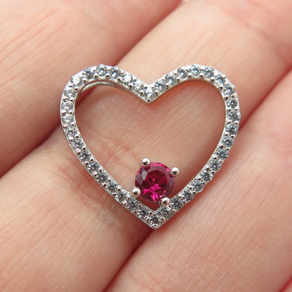 HAN 925 Sterling Silver White Topaz Gem & Lab-Created Ruby Heart Slide Pendant