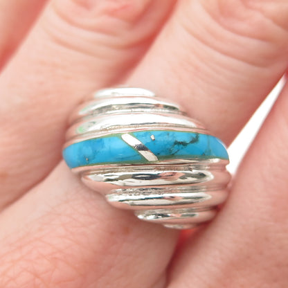 925 Sterling Silver Vintage Real Turquoise Modernist Ribbed Ring Size 9.5