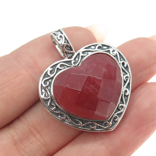 925 Sterling Silver Vintage Real Red Jade Ornate Heart Pendant