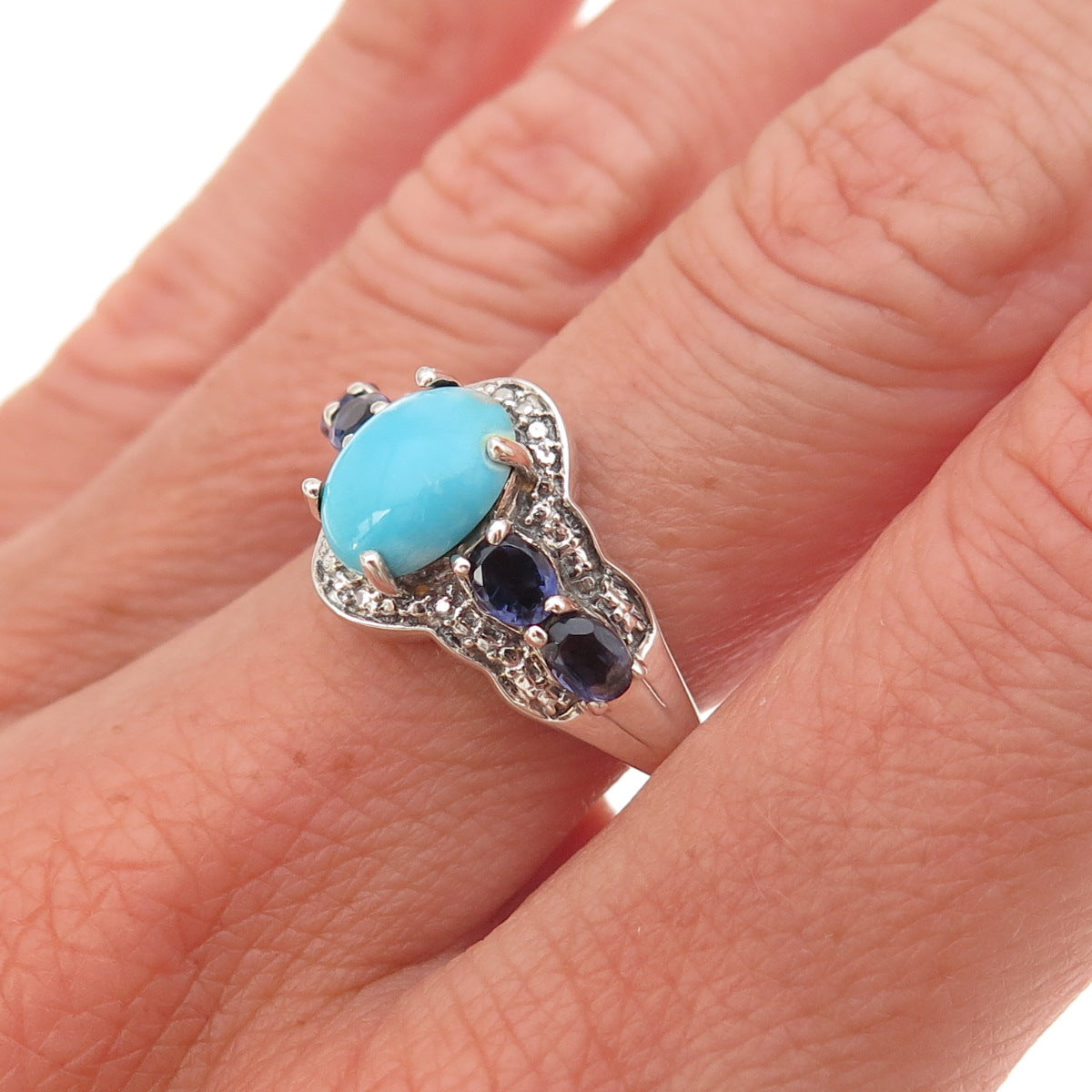 Chuck Clemency 925 Sterling Real Sleeping Beauty Turquoise & Iolite Ring Size 7