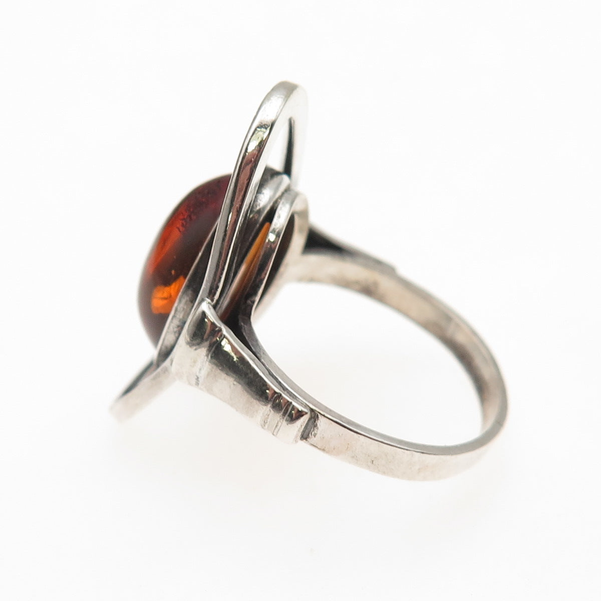 925 Sterling Silver Vintage MW Poland Real Amber Modernist Ring Size 7.25