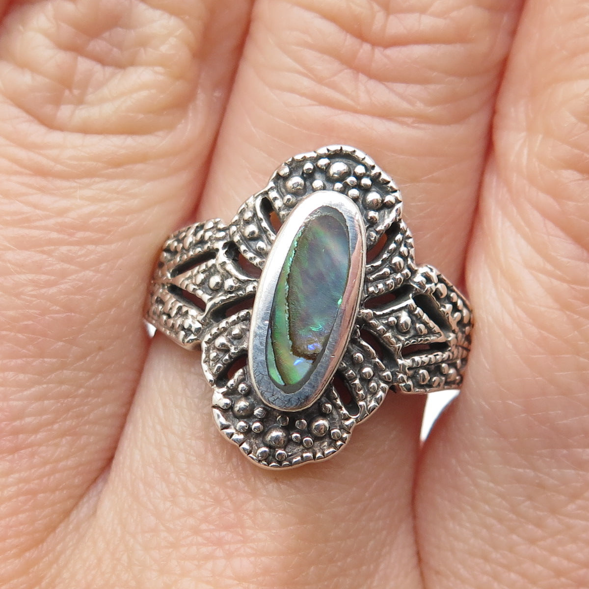 925 Sterling Silver Vintage Real Abalone Shell Oxidized Ring Size 9