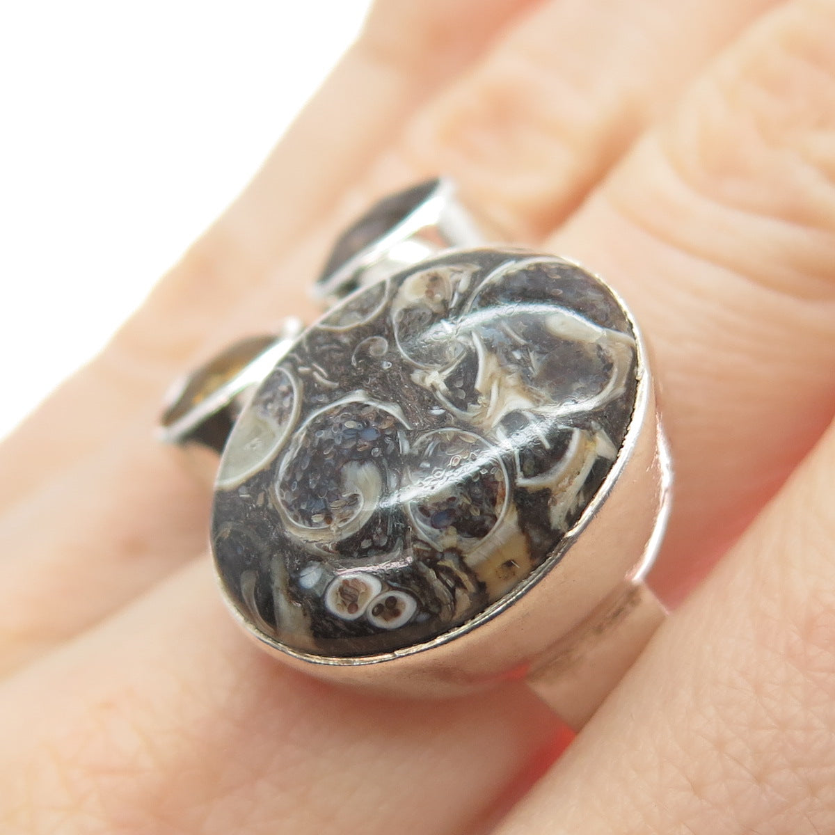 ARYA 925 Sterling Silver Vintage Real Fossil Smoky Quartz & Citrine Ring Size 10