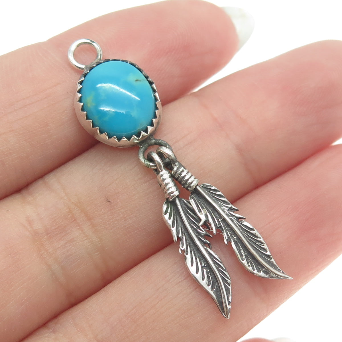 FLORENCE TAHE NAVAJO Old Pawn Sterling Silver Vintage Turquoise Feather Pendant