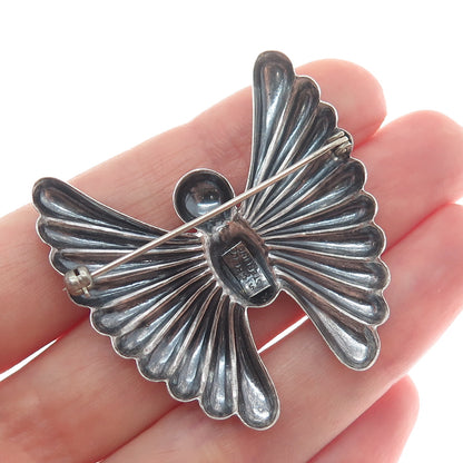 MICHELE 925 Sterling Silver Vintage Butterfly Ribbed Oxidized Pin Brooch