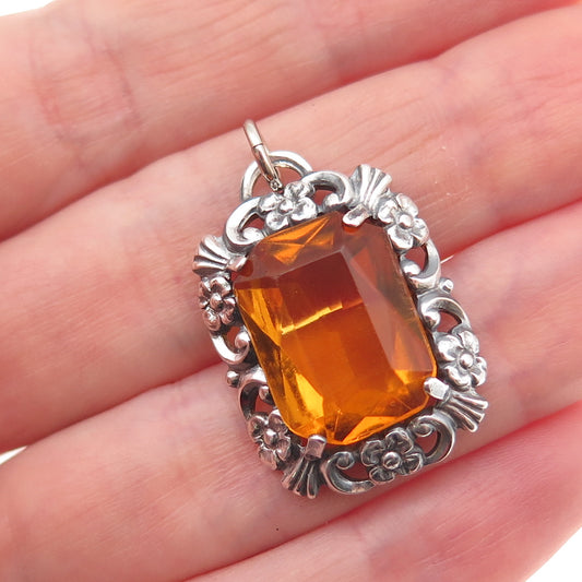 835 Silver Antique Art Deco Real Citrine Floral Oxidized Charm Pendant