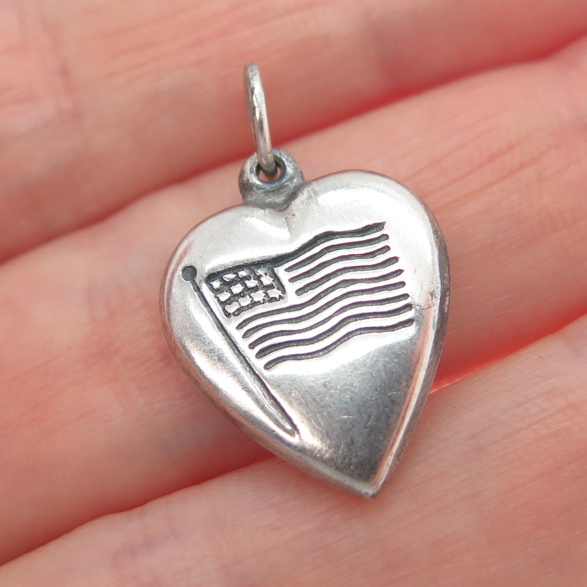 925 Sterling Silver Antique Art Deco US Flag Chatelaine Heart Minimalist Pendant
