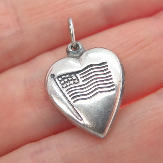925 Sterling Silver Antique Art Deco US Flag Chatelaine Heart Minimalist Pendant