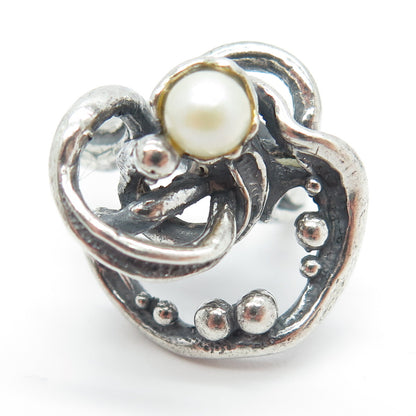 925 Sterling Silver Vintage Real Pearl Modernist Ring Size 6.75
