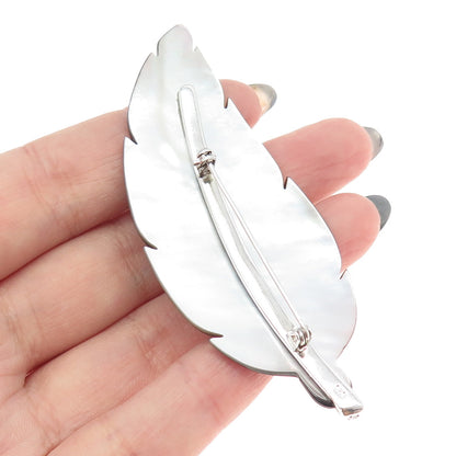 925 Sterling Silver Real Abalone Shell & C Z Leaf Modernist Pin Brooch