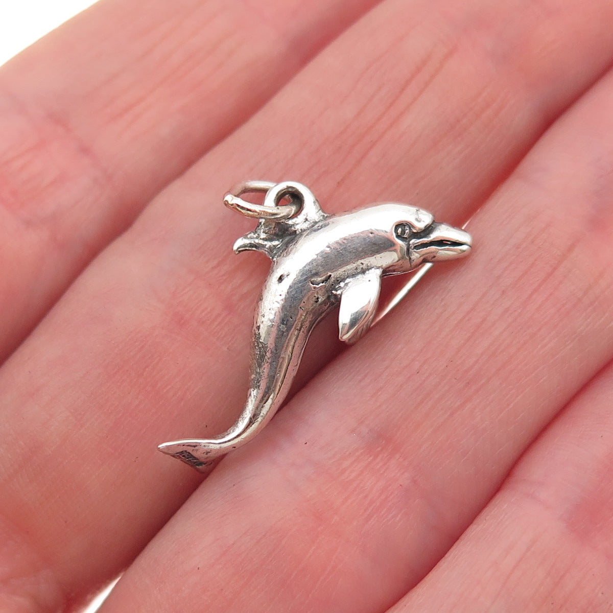 925 Sterling Silver Vintage Dolphin Oxidized 3D Mini Charm Pendant