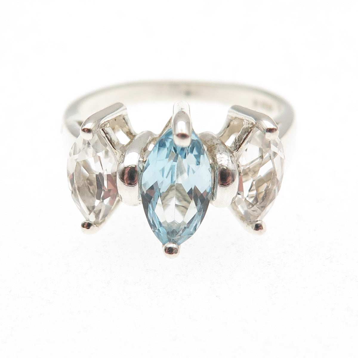 925 Sterling Silver Vintage Real Marquise-Cut Blue & White Topaz Ring Size 7.25