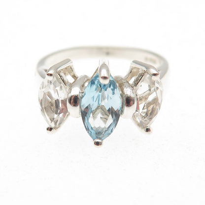 925 Sterling Silver Vintage Real Marquise-Cut Blue & White Topaz Ring Size 7.25