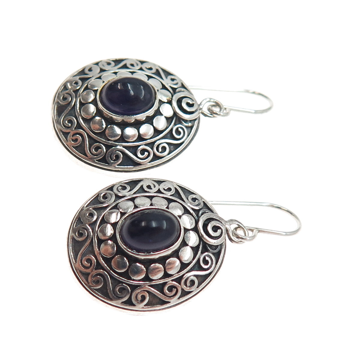 ATI ANNIKA WITT 925 Sterling Vintage Real Amethyst Dotted Swirl Dangle Earrings