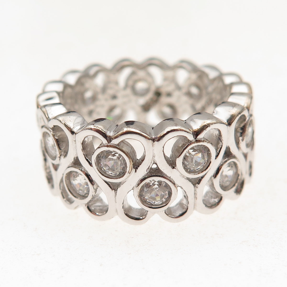925 Sterling Silver Round-Cut C Z Heart Ornate Band Size 7.25