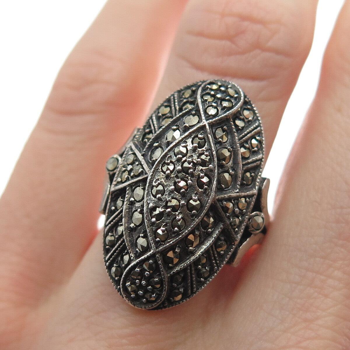 925 Sterling Silver Antique Art Deco Real Marcasite Oxidized Ring Size 7