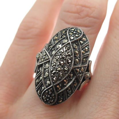 925 Sterling Silver Antique Art Deco Real Marcasite Oxidized Ring Size 7