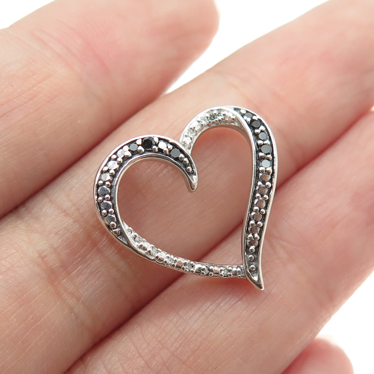 JANE SEYMOUR 925 Sterling Silver Real Black & White Diamond Heart Slide Pendant