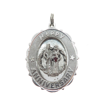 925 Sterling Silver Antique Rhinestone Engraved Happy Anniversary Charm Pendant