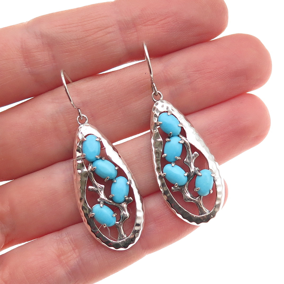 925 Sterling Silver Real Sleeping Beauty Turquoise Teardrop Dangle Earrings
