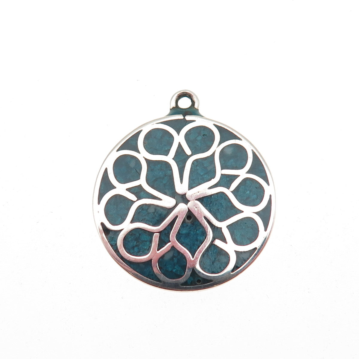 925 Sterling Silver Vintage Real Turquoise Inlay Floral Charm Pendant