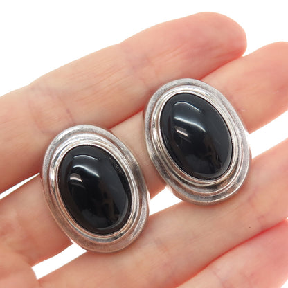 925 Sterling Silver Vintage Mexico Real Black Onyx Oxidized Clip On Earrings