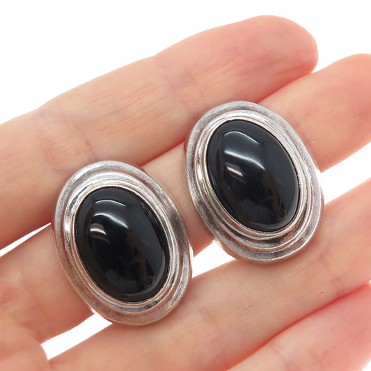 925 Sterling Silver Vintage Mexico Real Black Onyx Oxidized Clip On Earrings