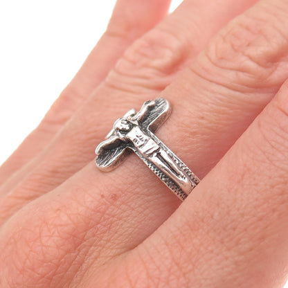 925 Sterling Silver Vintage Crucifix Cross Oxidized Ring Size 10.75