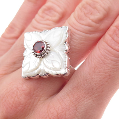 Sajen 925 Sterling Silver Vintage Real Red Garnet & MOP Adjustable Ring Size 9