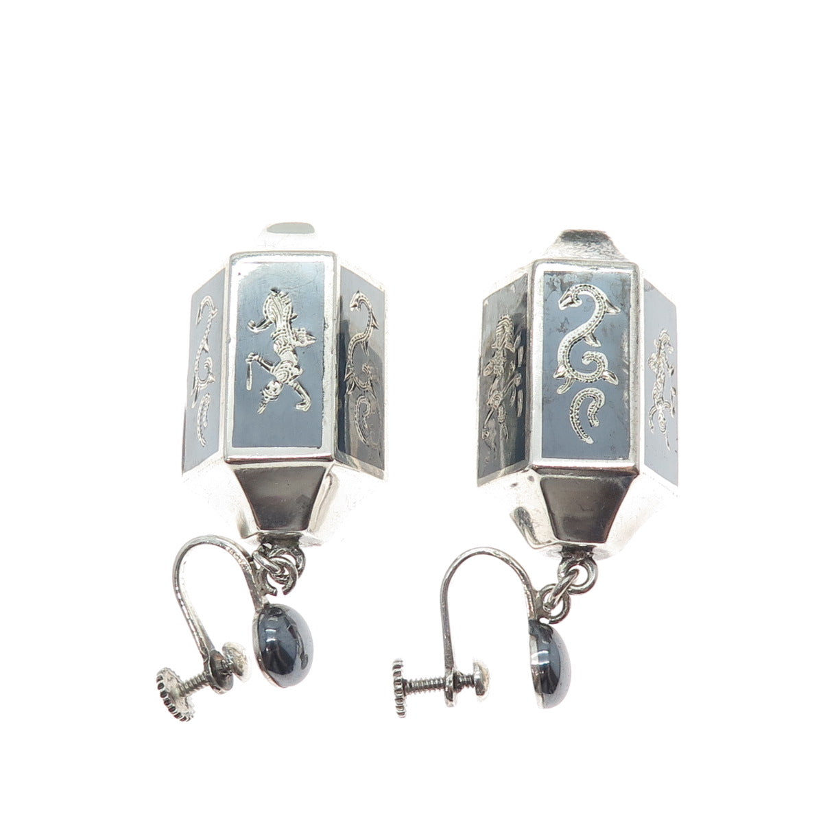 925 Sterling Silver Antique Siam Niello Hindu Goddess Screw Back Dangle Earrings