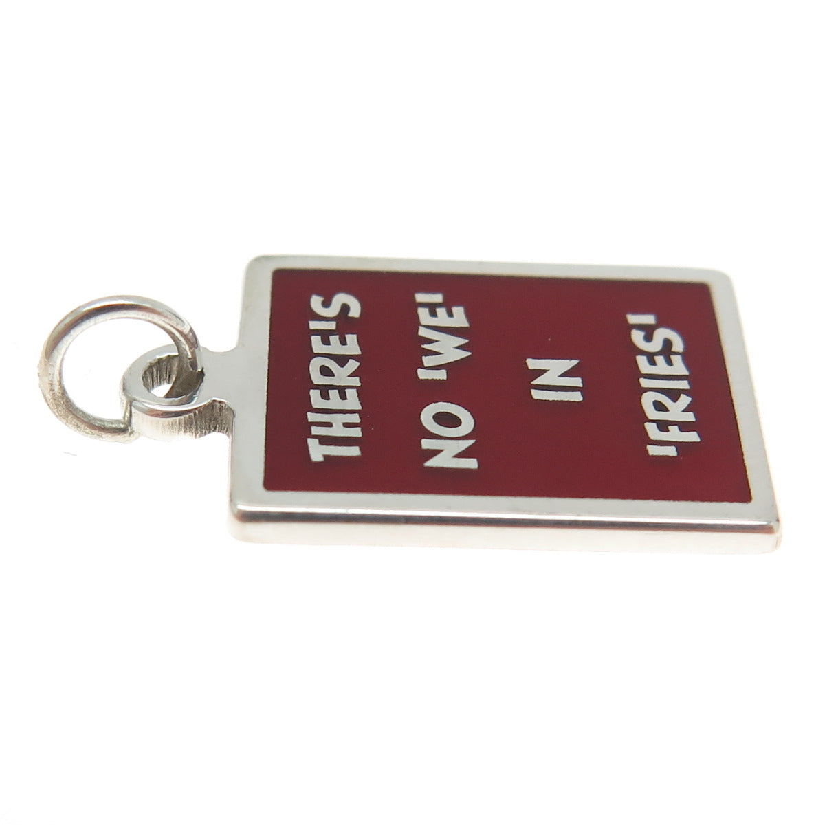 925 Sterling Silver Red Enamel "There's No We In Fries" Minimalist Charm Pendant