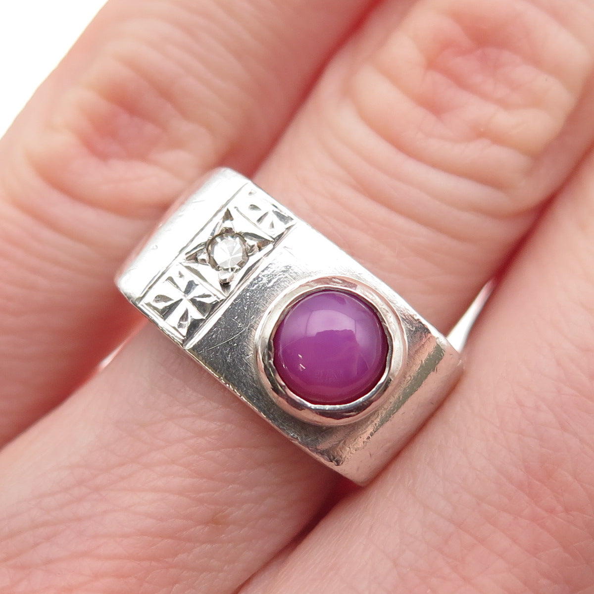 925 Sterling Silver Antique Art Deco Real Diamond & Star Ruby Ring Size 5.5