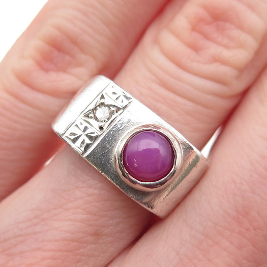 925 Sterling Silver Antique Art Deco Real Diamond & Star Ruby Ring Size 5.5