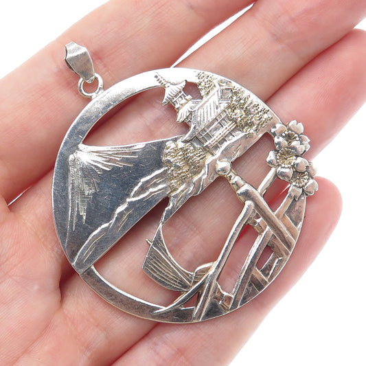 950 Silver Antique Japan Mount Fuji Old Town Pendant
