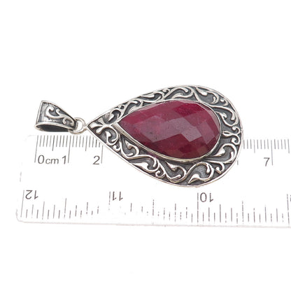 Samuel Benham Sterling Silver Vintage Real Ruby Floral Scroll Oxidized Pendant