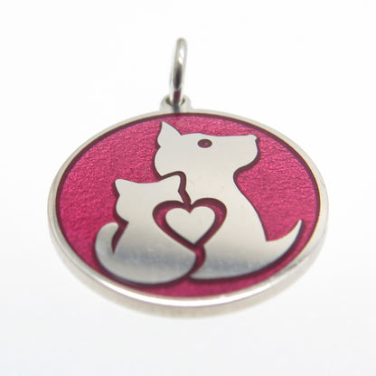 925 Sterling Silver Pink Enamel Cat & Dog Friendship Minimalist Charm Pendant