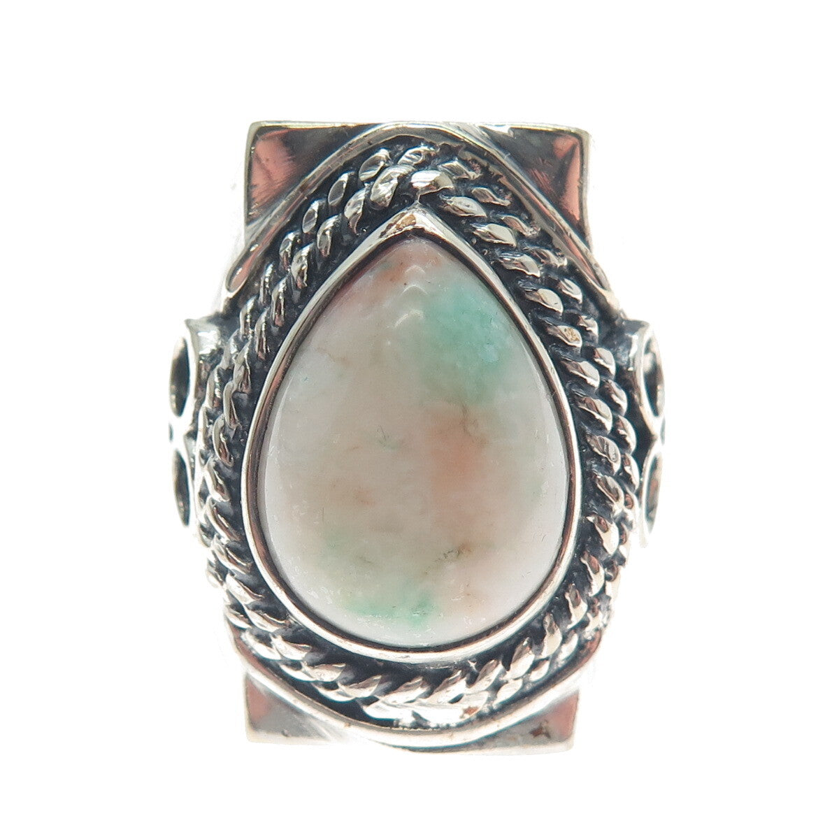 925 Sterling Silver Vintage Real Pear-Cut Amazonite Oxidized Ring Size 11