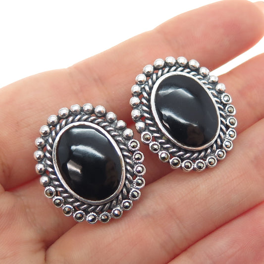 925 Sterling Silver Vintage Real Black Onyx Marcasite Beaded Omega Back Earrings