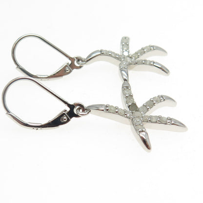 925 Sterling Silver Real Round-Cut Diamond Starfish Dangling Earrings