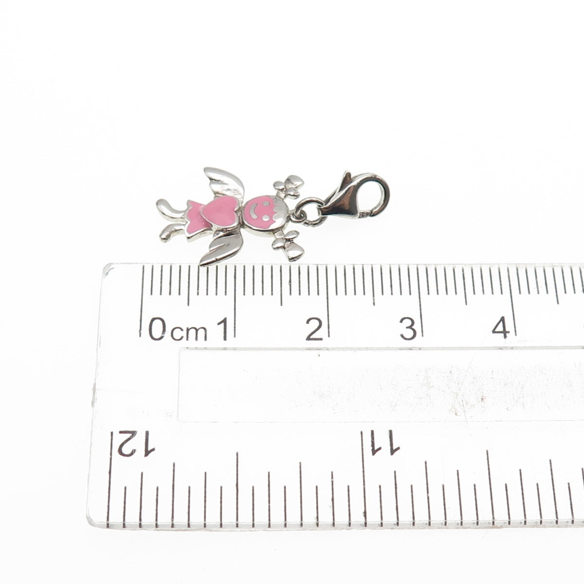 925 Sterling Silver Pink Enamel Angel Heart Lobster Lock Mini Charm Pendant
