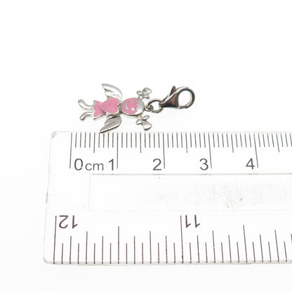 925 Sterling Silver Pink Enamel Angel Heart Lobster Lock Mini Charm Pendant