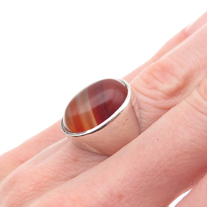 925 Sterling Silver Vintage Real Cabochon Agate Modernist Ring Size 4.5