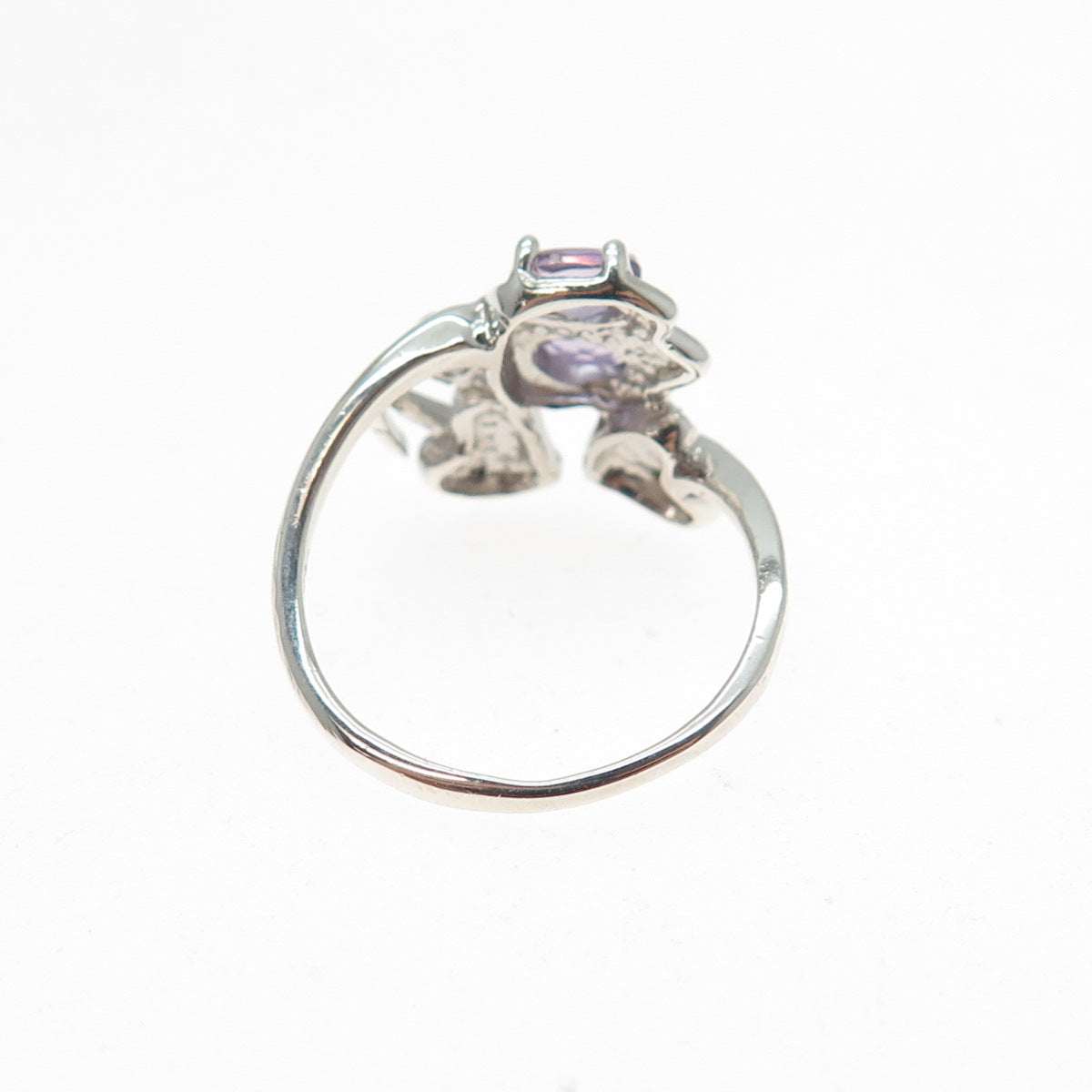 925 Sterling Silver Real Diamond Accent & Amethyst Floral Leaf Ring Size 6.75